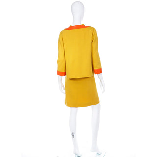 1960s Trompe L'oeil Mustard Yellow Orange & Purple 2 pc Dress & Jacket 