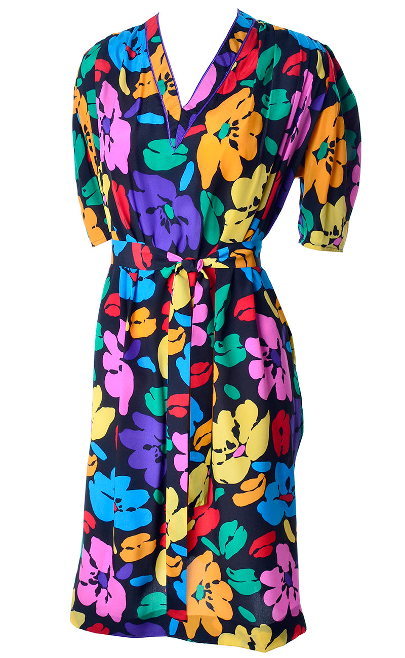 1980s Emanuel Ungaro Parallele Vintage Dress in Colorful Floral Silk