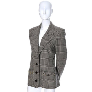Black and ivory plaid wool vintage blazer Valentino Boutique from the 1980's with metal rings on the pockets and cuffs