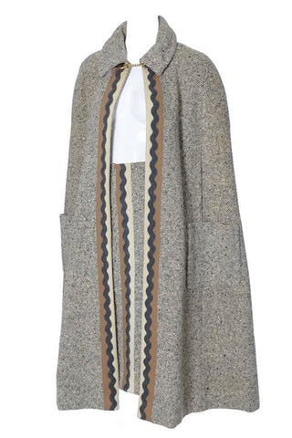 Vera Maxwell winter cape and matching tweed skirt with a zig zag trim