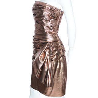 1980s Vicky Tiel Vintage Silk Lurex Metallic Strapless Dress Size 6 Side Swag