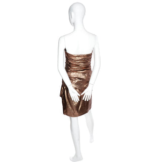 1980s Vicky Tiel Vintage Silk Lurex Metallic Strapless Ruched Dress Size 6