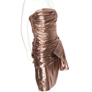 1980s Vicky Tiel Vintage Silk Lurex Metallic Strapless Dress Size 6 Ruching and gather