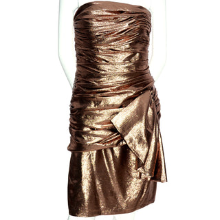 Gold Bronze 1980s Vicky Tiel Vintage Silk Lurex Metallic Strapless Dress Size 6