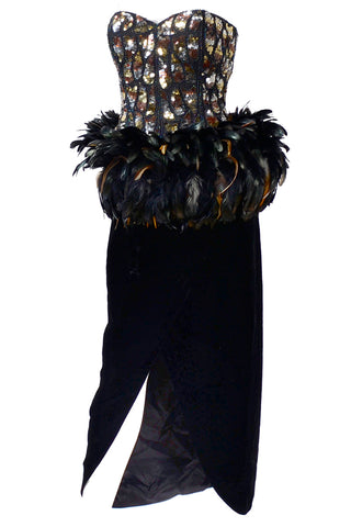 1980s Victor Costa beaded sequined feather plume dress