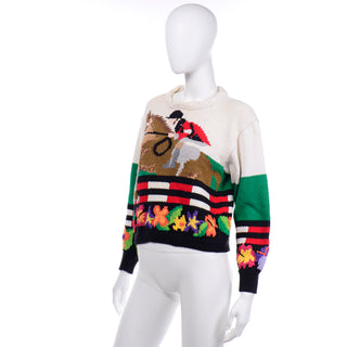 Vintage Berek Cotton Jockey Equestrian Horse Novelty Sweater 1980s