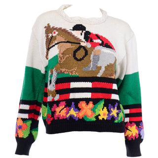 Vintage Berek Cotton Jockey Equestrian Horse Novelty Sweater 1980s Marta D label