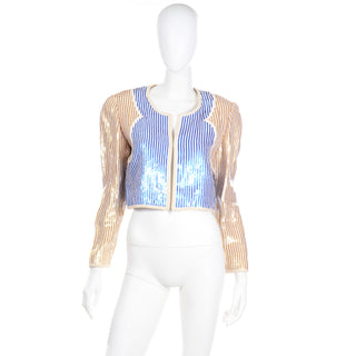 Sequin 1980s Bill Blass Blue Gold & White Sequin Paillette Cropped Jacket