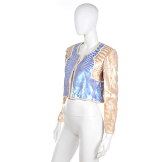 1980s Bill Blass Blue Gold & White Sequin Paillette Cropped Vintage Jacket