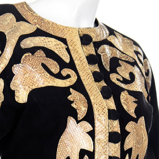 Vintage Black Suede Jacket with Python Snakeskin Appliques Rare
