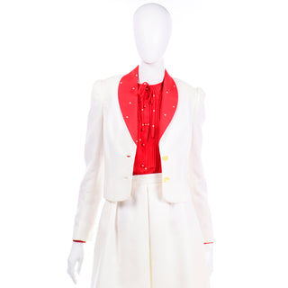 80s David Hayes Vintage Ivory Skirt & Jacket Suit With Red Print Silk Blouse