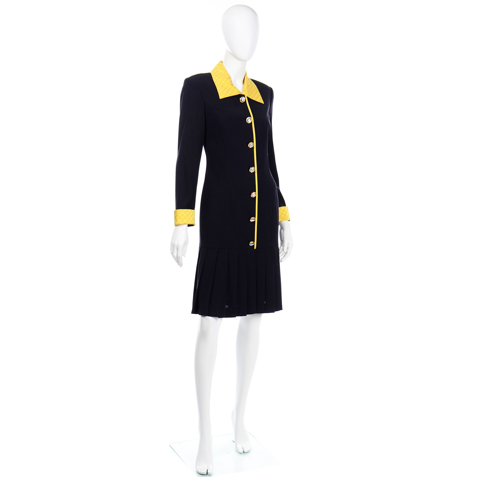 1990s Escada Vintage Midnight Blue Dress Yellow Silk Trim Modig 1990s Escada Vintage Midnight Blue Dress Yellow Silk Trim Modig