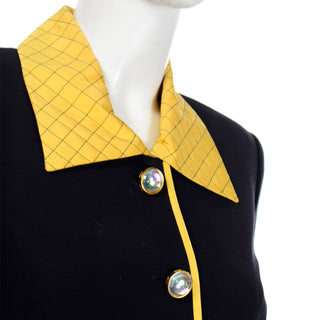 1990s Escada Vintage Midnight Blue Dress with Quilted Yellow Trim