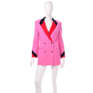 1980s Vintage Escada Pink Red Black Color Block Blazer Jacket
