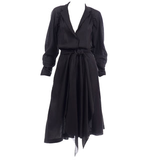 Vintage Halston Black Cotton Voile Low Neck Dress cinched sleeves