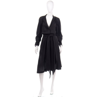1970s Vintage Halston Black Cotton Voile Low Neck Dress