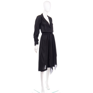 Vintage Halston Black Cotton Voile Low Neck Dress with sash belt