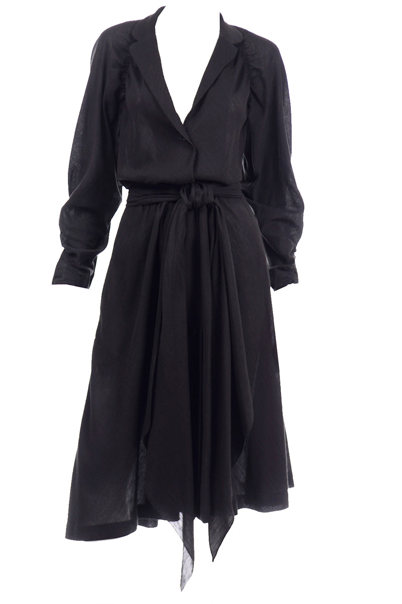 Vintage Halston 1970s Black Cotton Voile Low Neck Dress Modig Vintage Halston 1970s Black Cotton Voile Low Neck Dress Modig