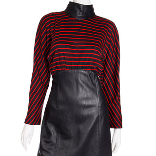 1980s Vintage Red & Black Striped Dress w Leather Collar & Skirt very unique