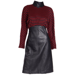1980s Vintage Red & Black Striped Dress w Leather Collar & Skirt Bianca made in Canada