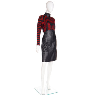 Unique 1980s Vintage Red & Black Striped Dress w Leather Collar & Skirt made in Canada