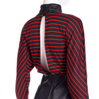Canadian 1980s Vintage Red & Black Striped Dress w Leather Collar & Skirt with open back