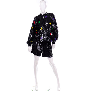 1980s Vintage Lillie Rubin Black Silk Sequin Shorts & Zip Front Sweatshirt Set W Polka Dots Medium