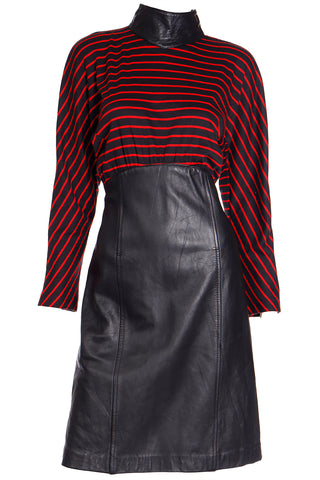 1980s Vintage Red & Black Striped Dress w Leather Collar & Skirt
