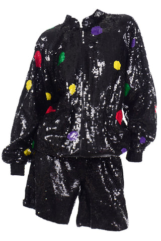 80s Vintage Lillie Rubin Black Silk Sequin Shorts & Zip Front Sweatshirt Set W Polka Dots Medium