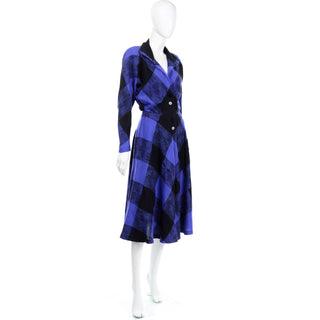 1980s Norma Walters Blue & Black Plaid Wool Vintage 80s Dress