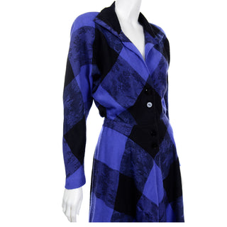 1980s Norma Walters Blue & Black Plaid Wool Vintage Dress w shoulder pads
