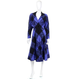 1980s Norma Walters Blue & Black Plaid Wool Vintage Dress size 6/8