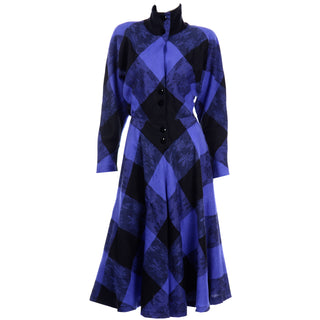 1980s Norma Walters Blue & Black Plaid Wool Vintage Dress 80s