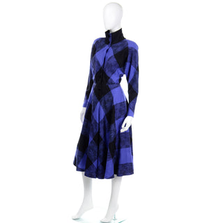 1980s Norma Walters Blue & Black Plaid Wool Vintage Dress with full skirt