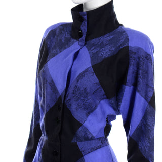 1980s Norma Walters Blue & Black Plaid Wool Vintage Dress Mock neck