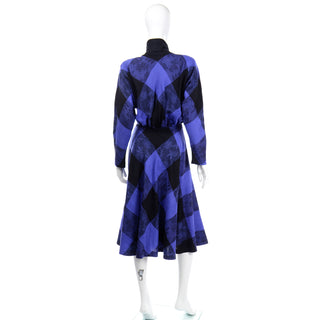 1980s Norma Walters Blue & Black Plaid Wool Vintage Dress Medium