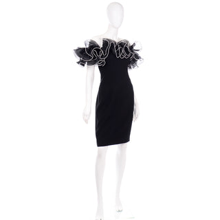 1980s Vintage Off Shoulder Ruffled Black Dress w White Trim