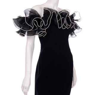 Vintage Off Shoulder Ruffled Black Dress w White Trim tulle
