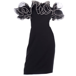 80s Vintage Off Shoulder Ruffled Black Dress w White Trim