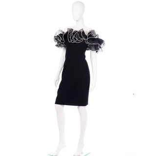 Vintage Off Shoulder Ruffled Black Dress w White Trim fun party dress