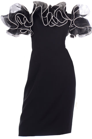 Vintage Off Shoulder Ruffled Black Dress w White Trim