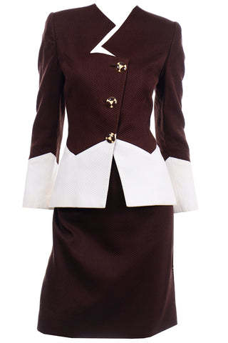 Vintage Travilla Brown & White Cotton Pique Skirt & Jacket Suit