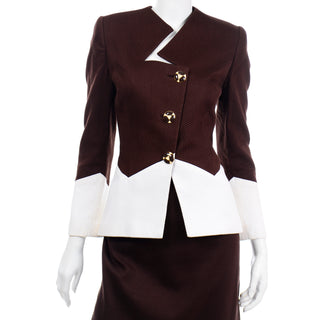 1980s Vintage Travilla Brown & White Cotton Pique Skirt & Jacket Suit sz 10