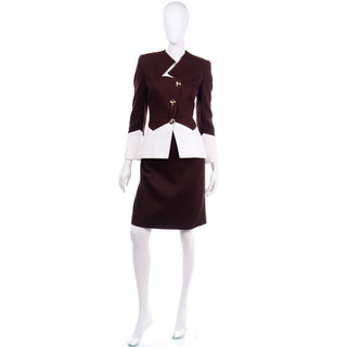 1980s Vintage Travilla Brown & White Cotton Pique Skirt & Jacket Suit