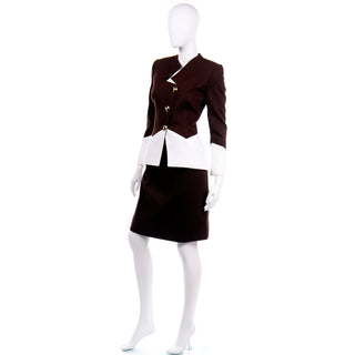 Vintage Travilla Brown & White Cotton Pique Skirt & Jacket Suit 1980s size 10