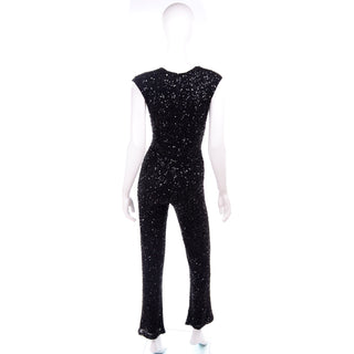 Flared Hem 1970s Vintage Black Beaded Jumpsuit W Sequins