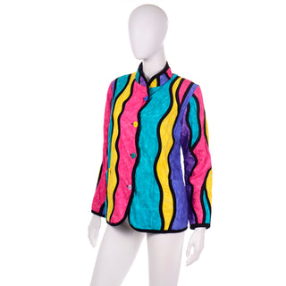 Abstract Wavy Striped Color Block Watercolor vintage Jacket Yellow Blue Purple and Pink