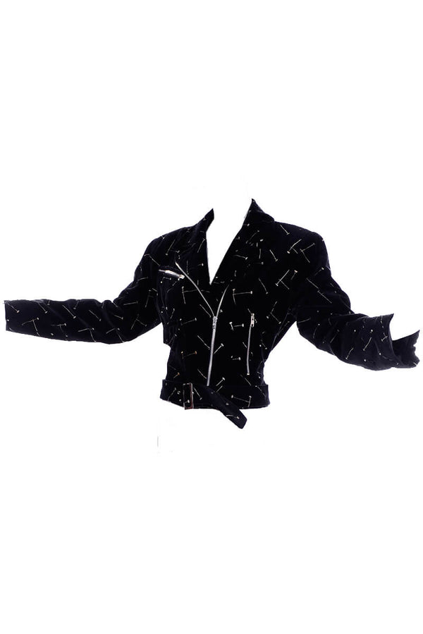 1988 Patrick Kelly Black Moto Jacket w/ Metallic Embroidered Nails Med ...