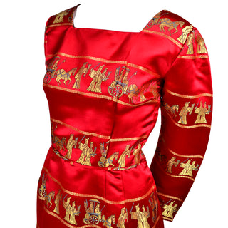 1960s Red Satin Vintage Dress Gold print