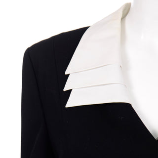 1980s Escada Margaretha Ley Black Vintage Dress W white Removable Collar & Cuffs 